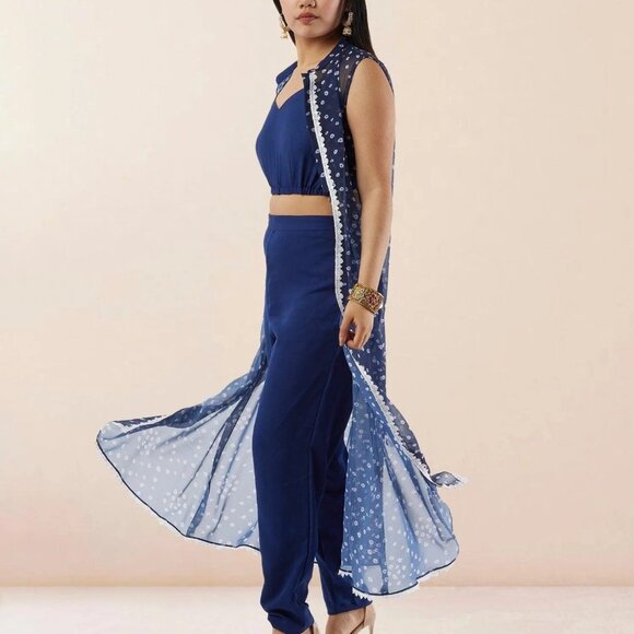 Blue Bandhani Chiffon Three-Piece Suit | Muvvas Boutique - Picture 4 of 5
